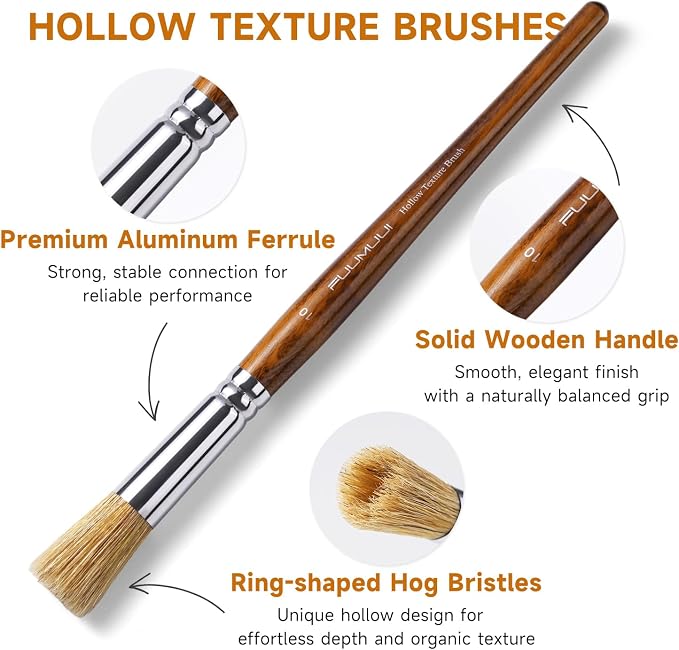 Fuumuui Texture Paint Brush Set, 5Pcs Hollow Natural Hog Split Bristle Flat Artist Paint Brushes for Watercolor, Gouache, Acrylic and Oil, Textured Canvas Creation for Beginners & Professional