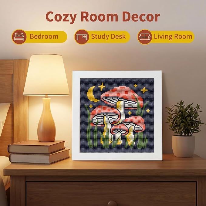 Mushroom Stamped Cross Stitch Kits for Beginners Adults with Framed | Mushroom Moon Star Needlepoint Counted Cross Stitch Kits for Beginners Adults Embroidery Kits Arts and Crafts 6x6 inch