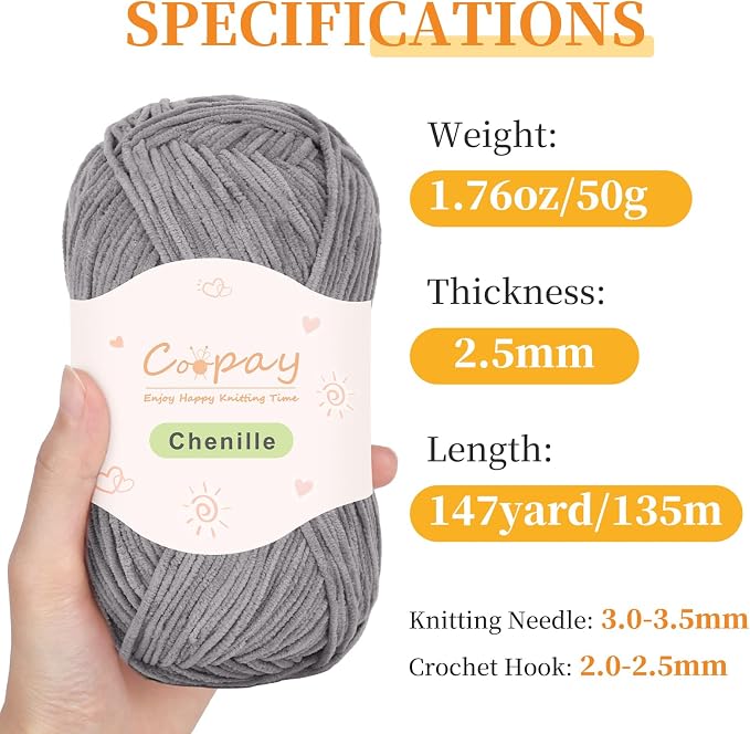 Coopay Skinny Chenille Yarn for Crocheting & Knitting, Black & Grey | Crochet Yarn Set - 600g Total, Velvet Yarn for Colorful Crafts, Blankets, Plush Dolls, Decorative Handmade Works