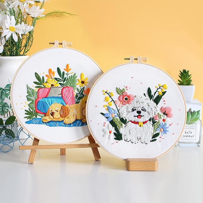 GLTAYLMY Cute Dogs Embroidery Kit for Beginners with Pattern and Instructions,3 Pack Cross Stitch Kits,1 Plastic Embroidery Hoops,Threads and Needles,Needlepoint Kit for Adults