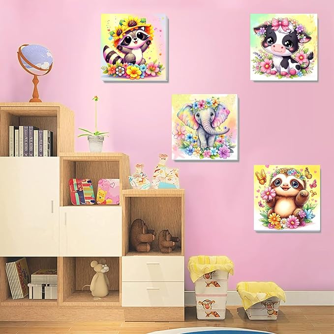 MXCFZX 6-Piece Framed Digital Painting Set for Children, Animal Painting Set Suitable for Children Aged 4-8-12. Easy Owl Elephant Cows Acrylic Oil Painting Set for Home Wall Decoration 8 x 8 inch