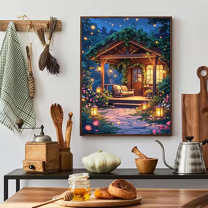 Accompany Wind Diamond Painting Kits for Adults, Garden Courtyard Diamond Art Kits for Beginners,5D Round Full Drill Diamonds Gem Art Crafts for Home Wall Decor Gifts 12x16 Inch