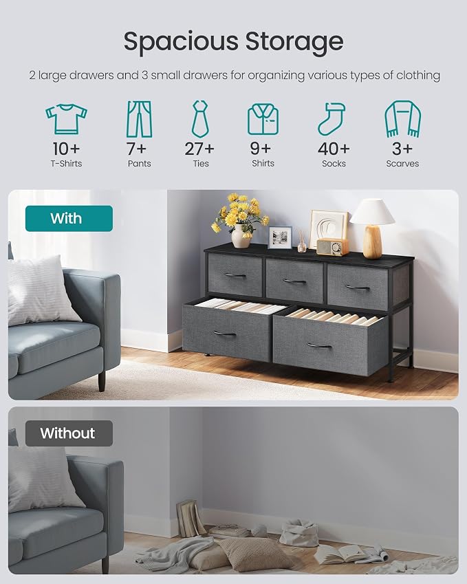 SONGMICS Dresser for Bedroom, Wide Dresser with 5 Fabric Drawers