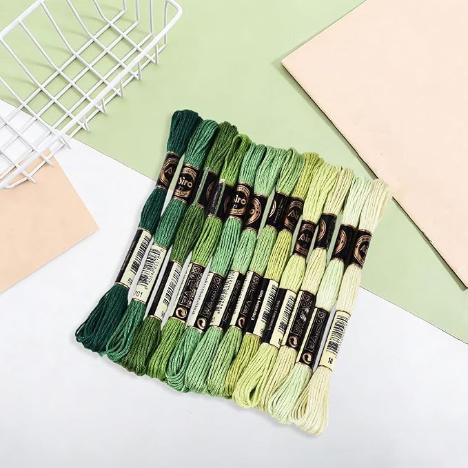 12 Skeins 105 Yards 6 Ply Green Cross Stitch Floss Embroidery Thread Friendship Bracelet String Variegated Gradient Bulk Polyester Yarn Set for Crochet Knitting Sewing Weaving DIY Crafts