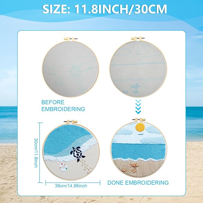 4 Set Ocean Embroidery Kit for Beginners Adults Embroidery Starter Kit Ocean Beach Pattern Spring Summer Hand Crewel Embroidery Kit Cross Stitch Kit Include Instruction 2 Hoops Color Threads Needles