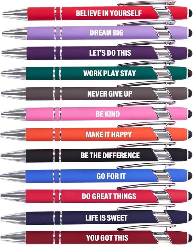 Actsun Funny Pens - 12 Pack Fine Point Smooth Writing Pens with Inspirational Tips, Black Ink, Touch Stylus Screens, Motivational Gift for Office & Desk Accessories