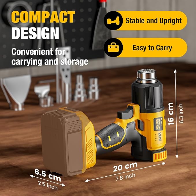 Cordless Heat Gun for DeWALT 20V MAX Battery, 7Pcs Nozzles&Scraper, LED Light, 350W Fast Heating Soldering Hot Air Gun, 2-Temp Setting Max 990℉(532℃), Heat gun for Shrink Tubing, Crafts (Tool Only)