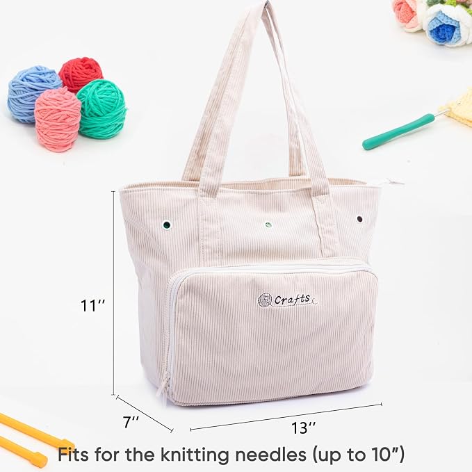 MYBAGZING Large Corduroy Yarn Bag - Tote for Crochet Hooks & Accessories - Knitting Storage Bag