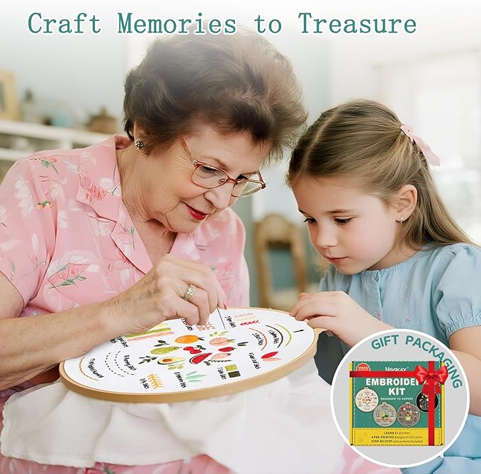 Meyocky Embroidery Kit for Beginners to Learn 31 Basic Stitches, HD Videos | 4-Piece Beginner Embroidery Kit for Adults, Starter Practice, Pre-Printed Patterns, Step-by-Step Guide, Craft Lover Gift