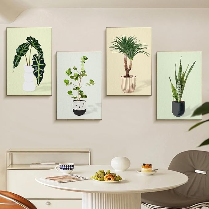 4 Pack Framed Paint by Numbers Kit for Adults Green Plant with Wooden Easel | With Frame Canvas 8x12 IN, For Adults Beginner, DIY Acrylic Painting Plants, Stress Relief Craft Kits, Home Wall Decor Gift