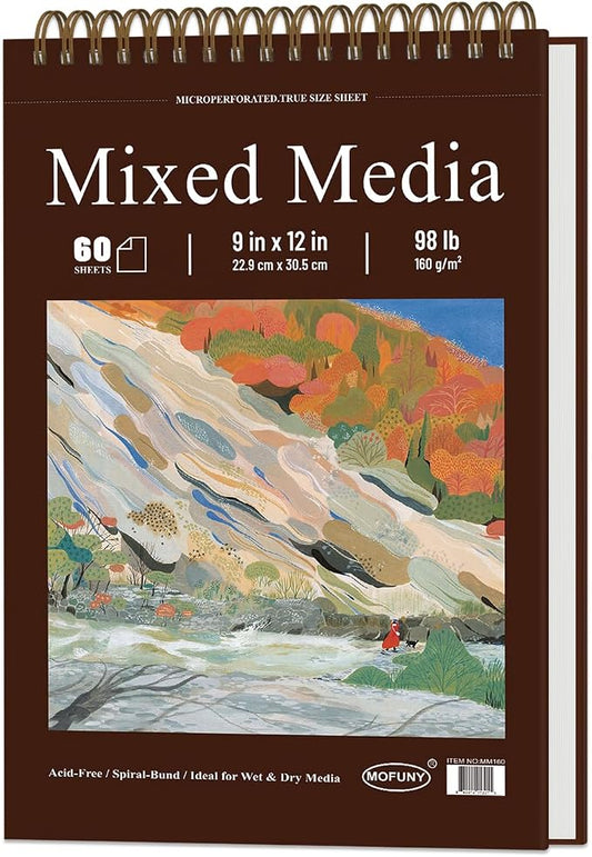 MOFUNY Mixed Media Sketchbook 9x12, Drawing Paper Pad 60 Sheets_98lb/160gsm | Mixed Media Paper Sketch Pad_Top Spiral-Bound Sketch Book, Watercolor Paper Pad for Artists, Painting, Drawing & Art Supplies