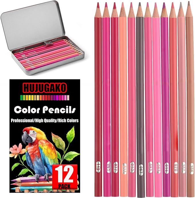 12 Pink Colored Pencils,Oil Based Colored Drawing Pencil Set for Adults Coloring Books Drawing Sketching Art Supplies