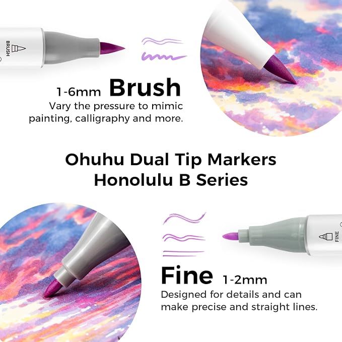 Ohuhu Alcohol Markers 104 Colors Brush& Fine for Artist Adult Cozy Coloring | AP Certified Refillable Art Marker Set, Dual Tips Alcohol-based for Beginners Drawing Illustration Sketching, Honolulu B