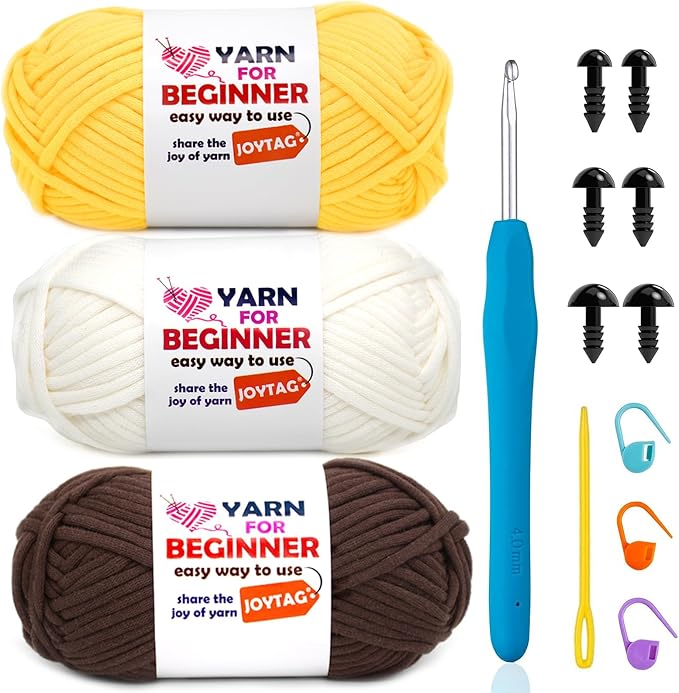 3 Pack Beginners Crochet Yarn Cotton Crochet Yarn for Crocheting Knitting Beginner with Easy-to-See Stitches Cotton-Nylon Blend Crochet Yarn for Beginners Crochet Kit(3x50g)-Coffee Brown+White+Yellow