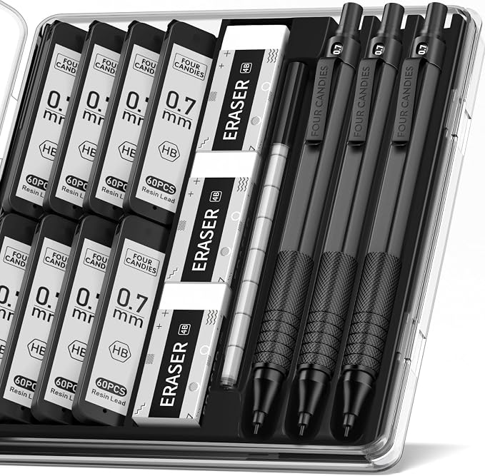 Four Candies Metal Mechanical Pencil Set with Case, 0.7mm, 3-Pack, Black