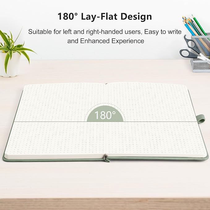 RETTACY Dotted Journal Notebook, 192 Pages, A5 Medium Size (5.7'' x 8.3'') | Leather Hardcover, 100 GSM Thick Paper, for Journaling, Planning, Tracking (Sage Green)