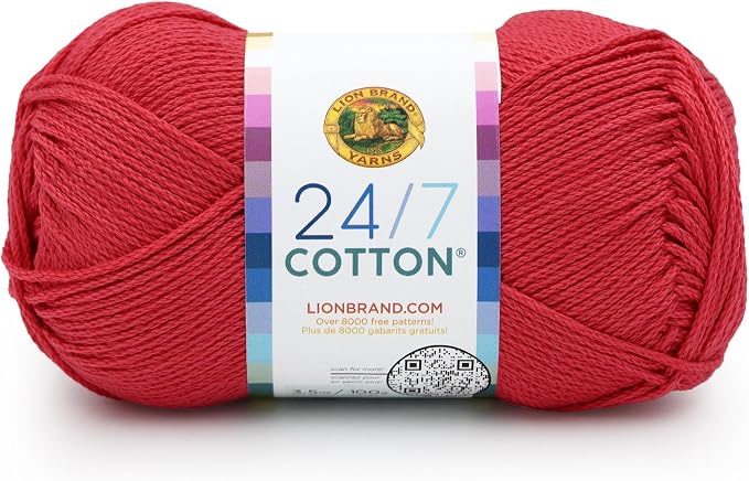 Lion Brand Yarn, 24/7 Cotton Yarn, Cherry Pop, Red, 1 Pack