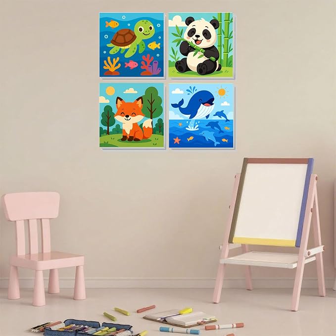 Arttoplus 4 Pack Paint by Numbers Kit for Kids with Frame Animals 8x8 inch | Cute Animals Kids Paint by Numbers Ages 4-6-8 with Wooden Easel, Easy DIY Acrylic Oil Painting by Number for Gift Home Decor
