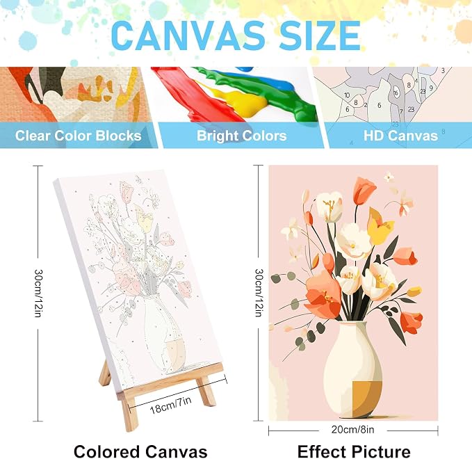 4 Pack Framed Paint by Numbers Kit for Adults with Wooden Easel, 8x12 Inch | Flowers Vase, Easy DIY Acrylic Canvas Craft Kit with Frame for Beginners, Home Decor, Stress Relief Relaxing Hobby Gift