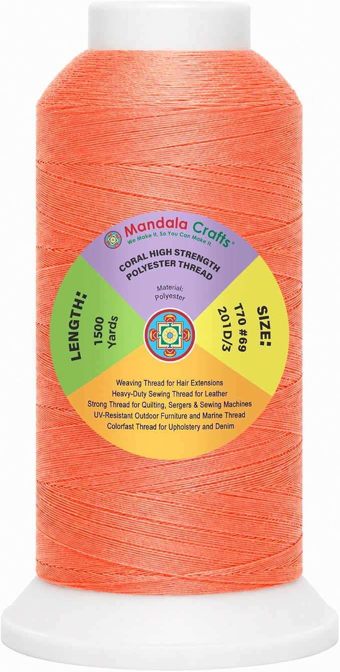 Mandala Crafts Coral Tex 70 Polyester Heavy Duty Thread for Upholstery | 1500 Yds T70 UV Resistant Strong Thread for Leather Sewing, Marine, Drapery, Jeans, Hair Weaving & Extension, Outdoor