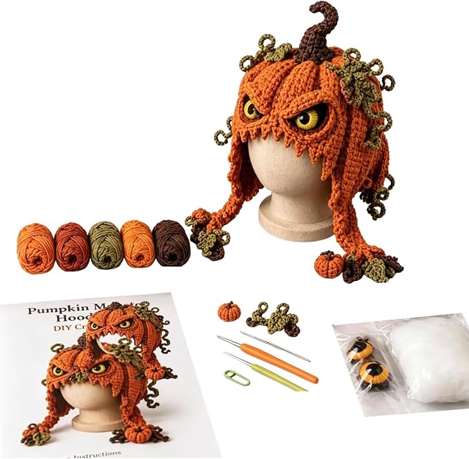 Halloween Hat DIY Crochet Kit, Fantasy Hood Hat DIY Crochet Kit, Pumpkin