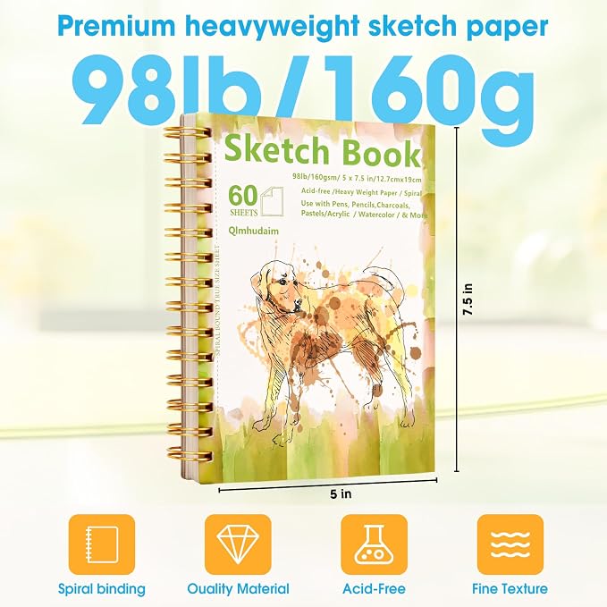 Qlmhudaim Mixed Media Sketchbook, 5"x7.5", 60 Sheets 160gsm/98lb Acid-Free Paper, Spiral Bound Sketch pad for Crayon, Marker, Color Pencil & Sketching,Multi-Medium Art Notebook for Beginners, Teens.
