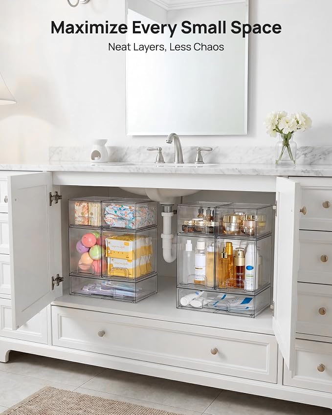 Vtopmart Clear Stackable Storage Drawers Set of 7, Plastic Organizer Bins | Multi-purpose Boxes for Baby Bottle Storage, Ideal for Kichen, Vanity, Bathroom, Undersink, Cabinet, Pantry Organization