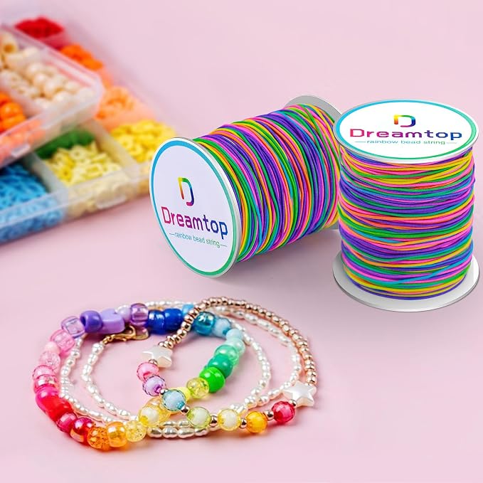 Dreamtop 1mm Stretchy Bracelet String, 330 Ft/100 Meters Rainbow Bead String Elastic String for Bracelet, Pony Bead String Elastic Cord for Jewelry Bracelet Making, Necklace String and Crafts