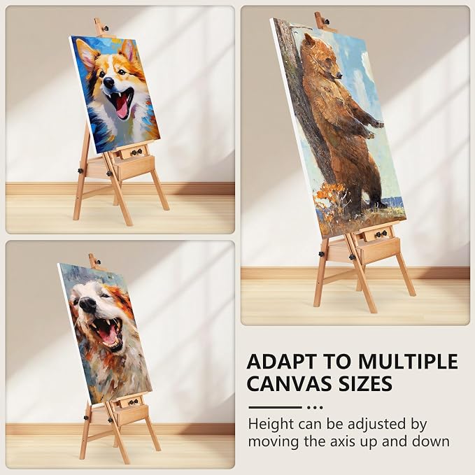 YOKUGO Beech Wood H-Frame Painting Easel with Storage Drawer, Natural