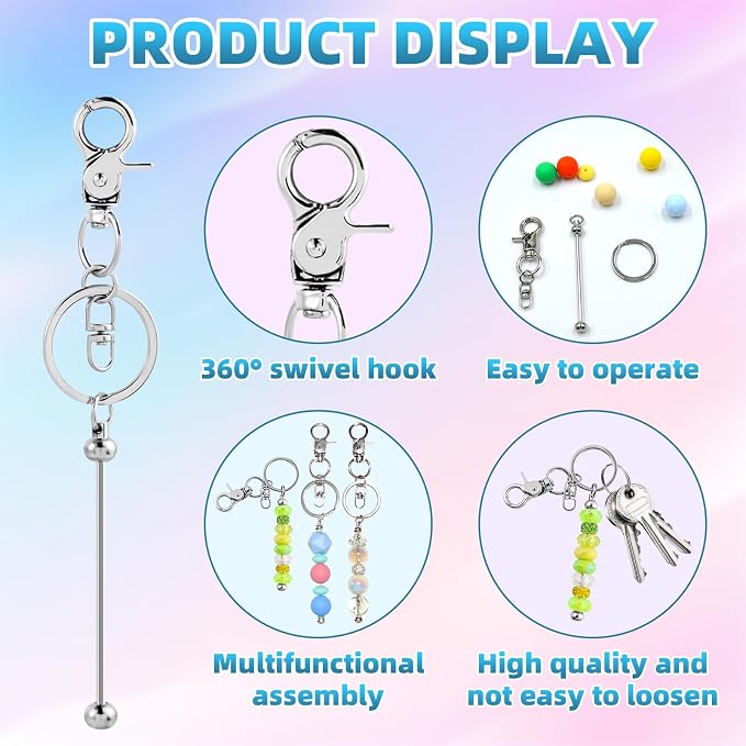 40 Pcs Beadable Keychains Bulk Kit – DIY Keychain Making Supplies with Metal Blanks for Crafts, Jewelry, Charms, Custom Projects – Blank Chain Bars for Beaded Keychain Design (Silver)