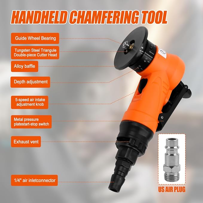 2 in 1 Mini Pneumatic Chamfering Machine, 45° Arc Corner Beveling Trimming Deburring Machine 30000RPM Handheld Chamfering Air Chamfer Tool with 1/4 Inch Air Inlet (C Angle Blades,Orange)