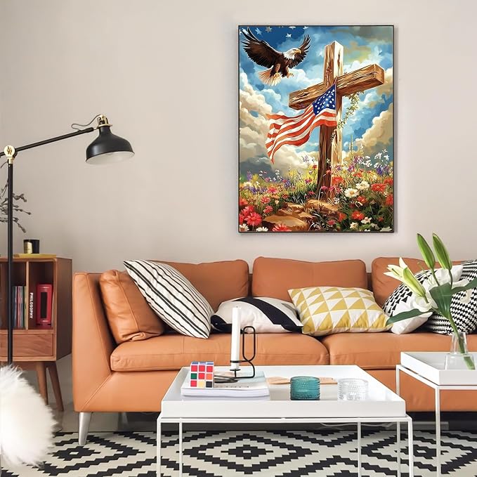 Diamond Art Kits for Adults, Flag Cross DIY Diamond Painting for Beginners | 12x16 Inch, Full Drill Round Dots, Religious Christian 5D Gem Art Craft Kits, Home Decor, Stress Relief Relaxing Hobby Gift