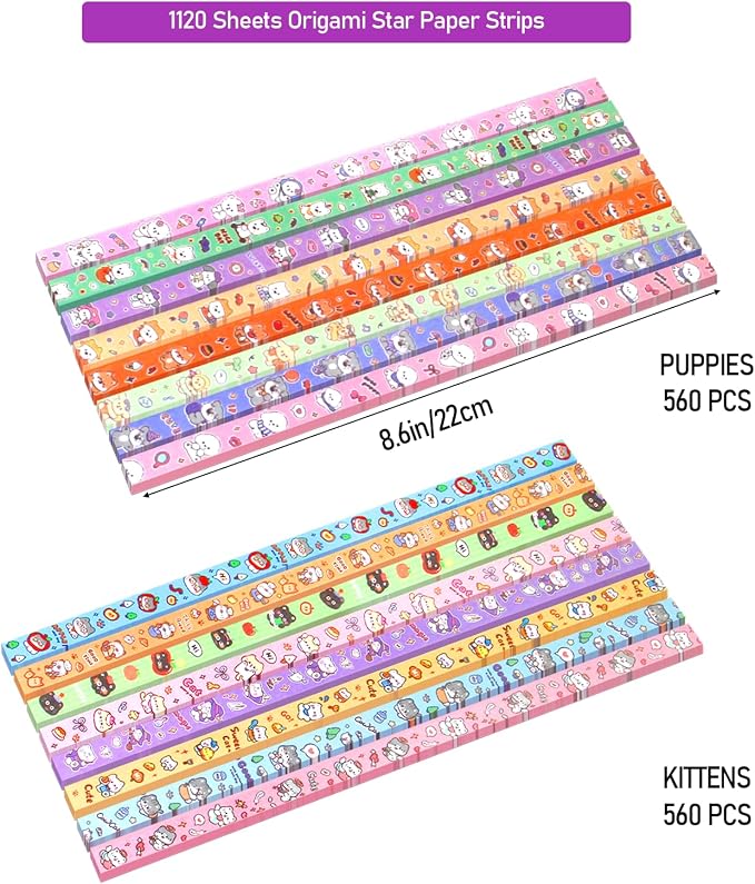 1120 Sheets Origami Star Paper Strips, Kittens & Puppies Cartoon Crafts