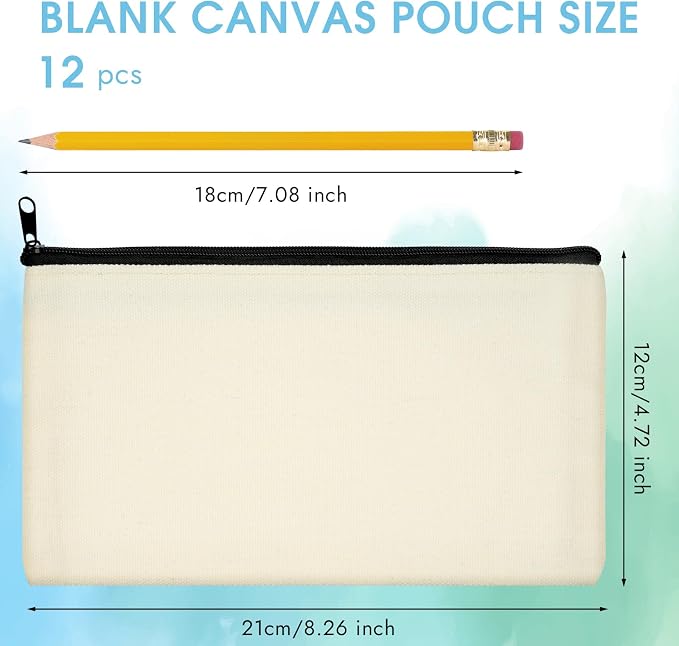 12 Pack Blank Canvas Pencil Pouches Bulk, Sublimation Zipper Bags for DIY | Small Multi-Purpose Canvas Bags with Zipper for Cosmetics, Travel, Travel Toiletries, Craft Projects, Organized 8.2" x 4.7"