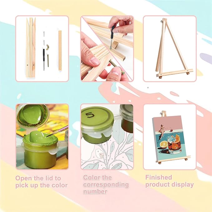 4 Pcs Cocktail Paint by Numbers for Adults with Frame Canvas - Wooden Easel | Cocktail Paint by Number for Beginners, Easy Acrylic Oil Painting on Canvas with Brushes for Home Wall Decor (8x12 inch)