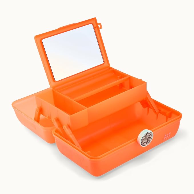 Caboodles On-The-Go Girl Makeup Box, Orange Shimmer, Show Girl Collection, Hard Plastic Makeup Organizer Box, Built-In Mirror, Secure Latch for Safe Travel, Spacious Storage for Large Items