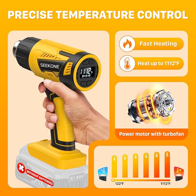 SEEKONE Cordless Heat Gun with LCD 122℉-1112℉ for Crafting, Vinyl Wrap