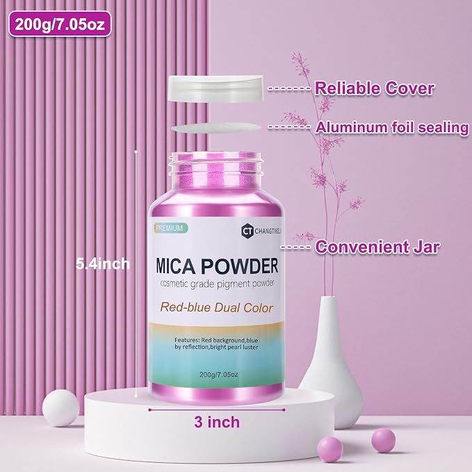 Mica Powder,7.05OZ（200g）,Red-Blue Dual Color Mica Powder Pigment for Epoxy Resin，Lip Gloss，Car Paint，Dye，Soap Making，Nail Polish,Epoxy Resin,Candle Making,Bath Bombs