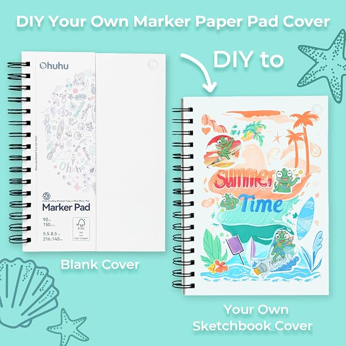 Ohuhu 5.5"x8.5" Double-Sided Bleedproof Marker Pad Art Sketchbook 60 Sheets | Small Sketch Book - 90 LB/150 GSM Smooth Drawing Paper - 60 Sheets/120 Pages - Spiral-Bound Sketch Pad for Alcohol Markers