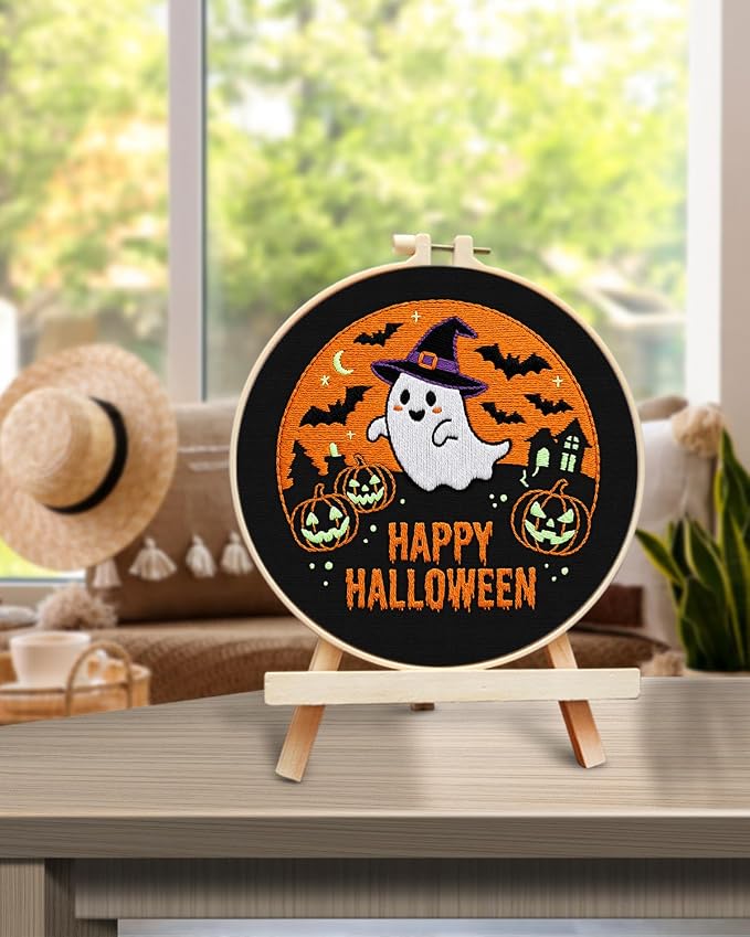TINDTOP Halloween Embroidery Kit for Adult, Embroidery DIY Starter Kit, with Stamped Patterns, Hoop, Tools, Colorful Threads with Needles, Instructions (Halloween B)