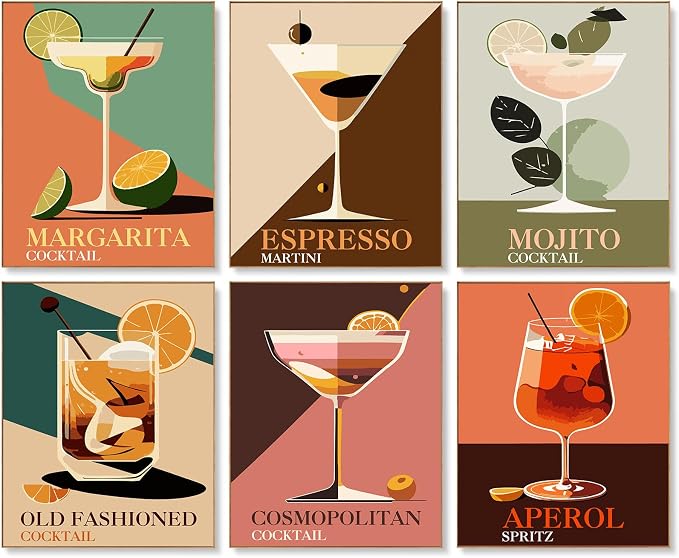 Offito 6 Pack Paint by Numbers Kit for Adults, Retro Cocktail, 8x10 Inch | Acrylic Vintage Drink Number Painting, DIY Canvas Art Craft Kit for Beginner, Home Decor, Stress Relief Relaxing Hobby Gift