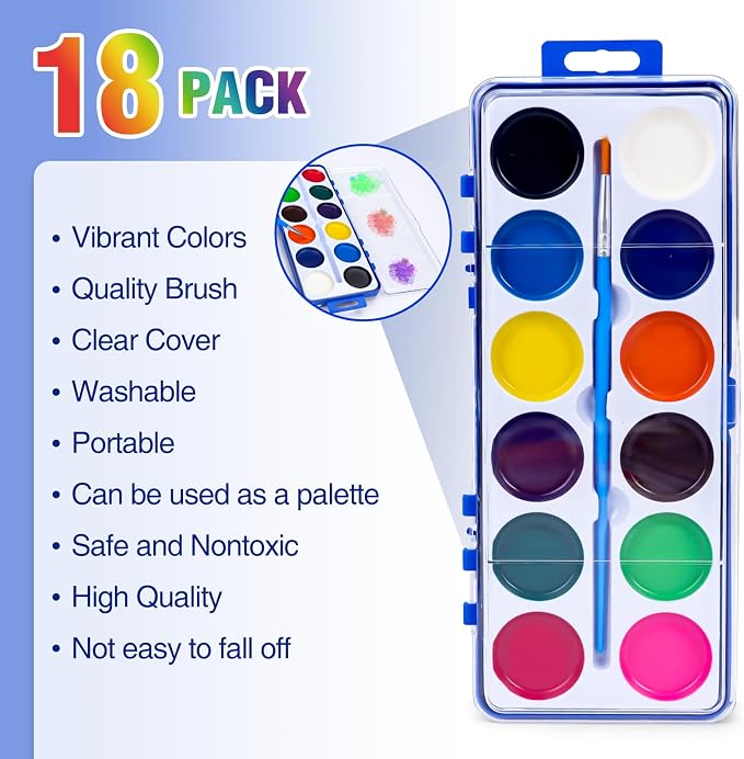 18 Pack Watercolor Paint Set Bulk for Kids, 12 Colors Washable Water Colors | Non-Toxic Water Paint with Paintbrush, Water Color Paint Set for Kids, Beginners and Adults, Ideal for Party Favor, Classroom