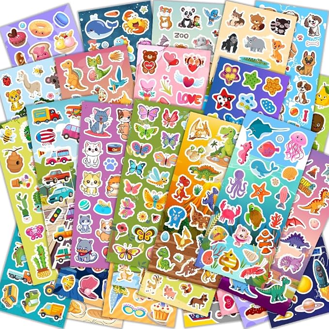 24 Sheets Stickers for Kids & Toddlers, Cute Kids Stickers Variety Pack | Stickers for Scrapbooking, Teachers Classroom Prizes, Goodie Bag Stuffers Including Animals, Cars, Dinosaurs, Hearts and More