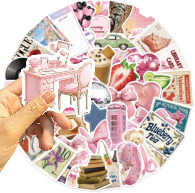 100pcs Vintage Pink Girls Stickers Coquette Pink Aesthetic Stickers for Water Bottles,Laptop Scrapbook Waterproof Computer Phone Guitar Aesthetic Decals