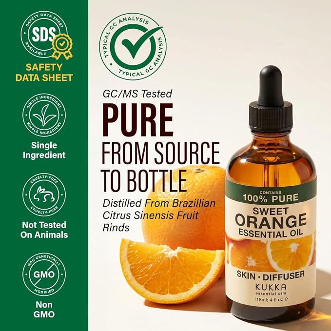 Kukka 100% Pure Sweet Orange Essential Oil for Skin, Diffuser, 4 Fl Oz | Sweet Orange Citrus Oil, Undiluted Brazilian, Non-GMO, GC/MS Tested - for Diffuser, Aromatherapy, Body, Massage