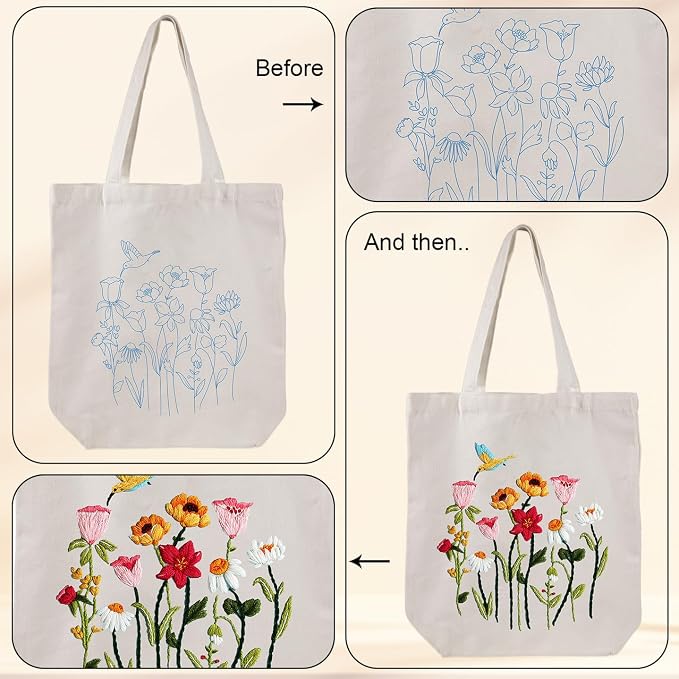 Louise Maelys Canvas Tote Bag Embroidery Kit, Hummingbird Floral Pattern