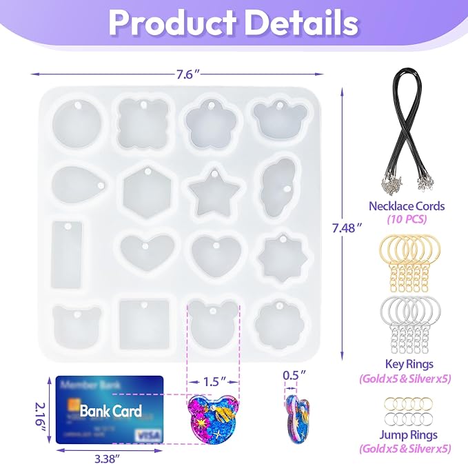 HeyClear UV Resin Molds Silicone for Keychain, Pendant Necklace, Jewelry | 16 Cavities Epoxy Resin Molds with Hole, Jewelry & Keychain Making Craft Supplies