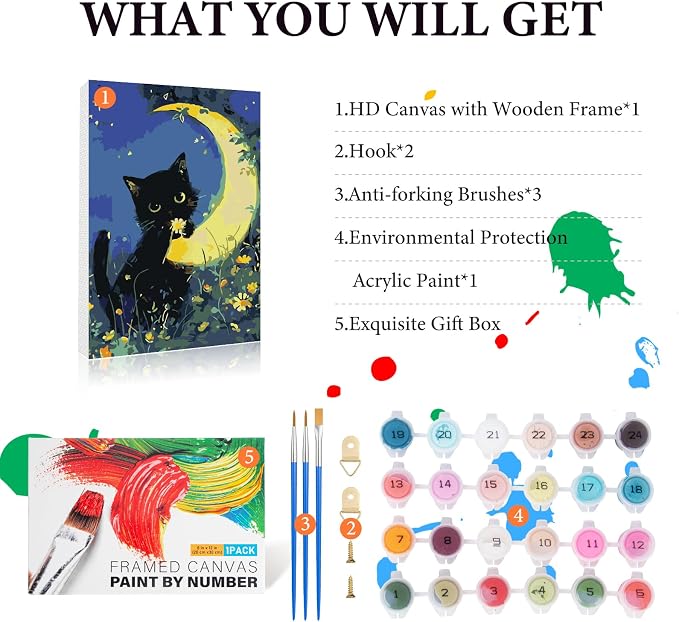 Fountor Black Cat Framed Paint by Numbers Kit for Adults Beginner 8x12 Inch