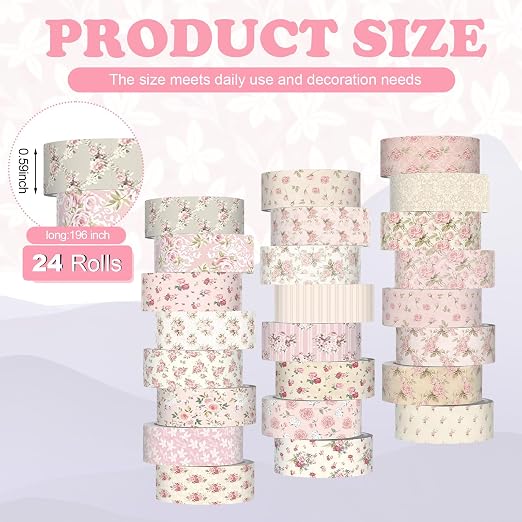 Gueevin 24 Rolls Floral Washi Tapes Set Scrapbook Supplies, Pink Floral | 15 mm Watercolor Flower Washi Tapes, Back to School DIY Craft Arts, Junk Journaling Planner Gift Wrapping Supplies