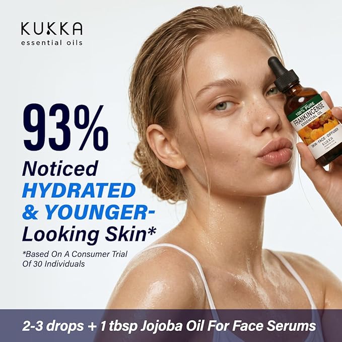 Kukka 100% Pure Frankincense Essential Oil for Skin, Diffuser, 4 Fl Oz | Undiluted Boswellia Serrata, Face, Hair, Diffuser, Aromatherapy, Massage - Steam-Distilled, Non-GMO, with Dropper